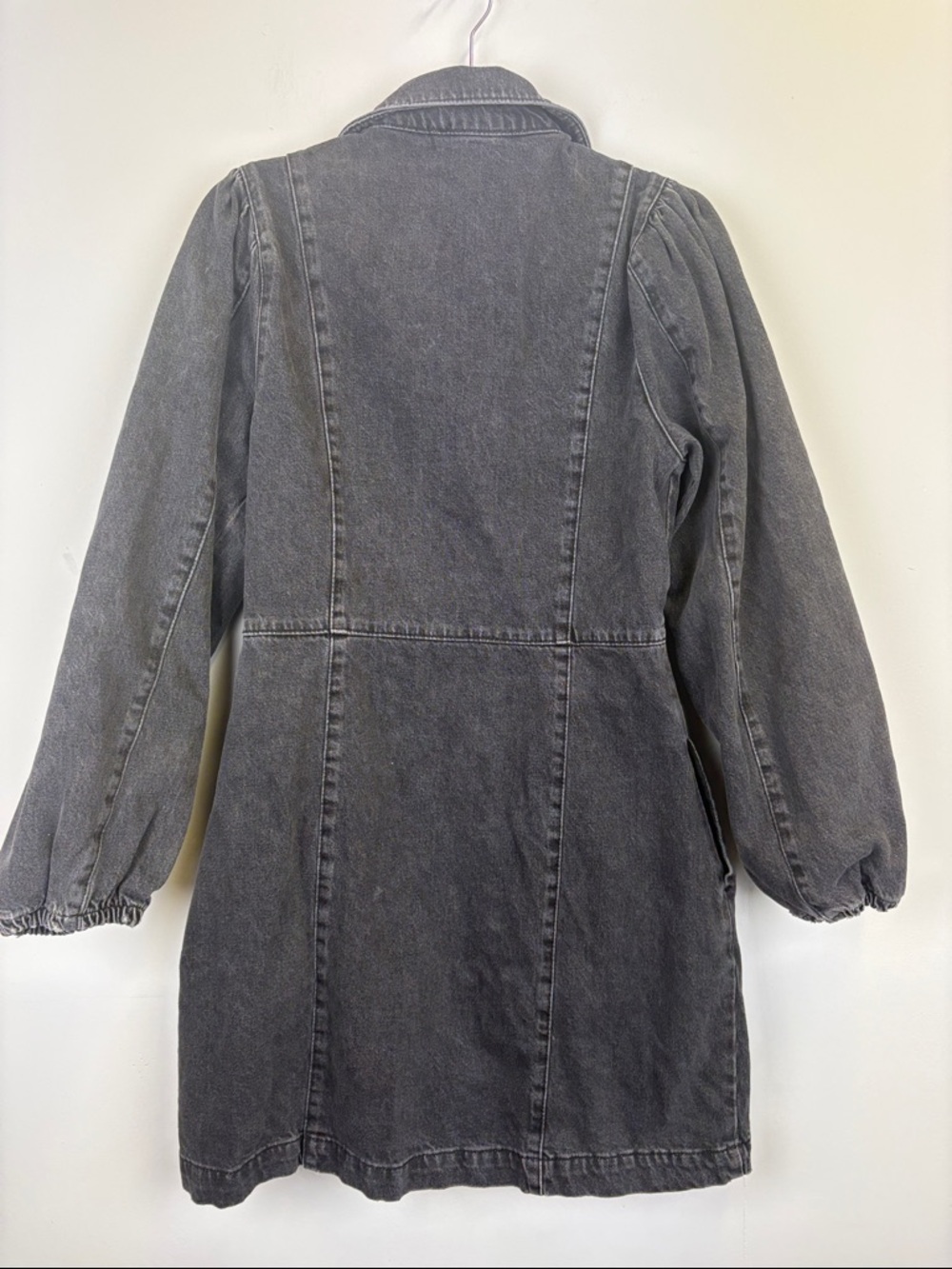 Free People Black Denim Mini Dress Puff Sleeve Snap Front Shirt Dress Sz Medium - Picture 10 of 12